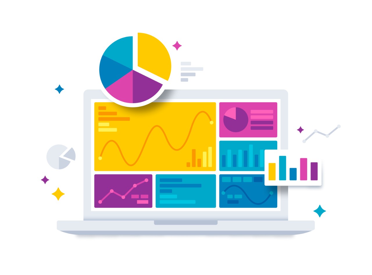 Statistics data and analytics data analysis software laptop with bar graphs, pie charts and data information.