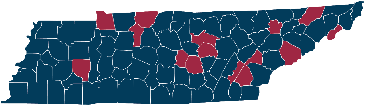 Map of Tennessee showing 15 counties that received a clean audit in fiscal year 2025
