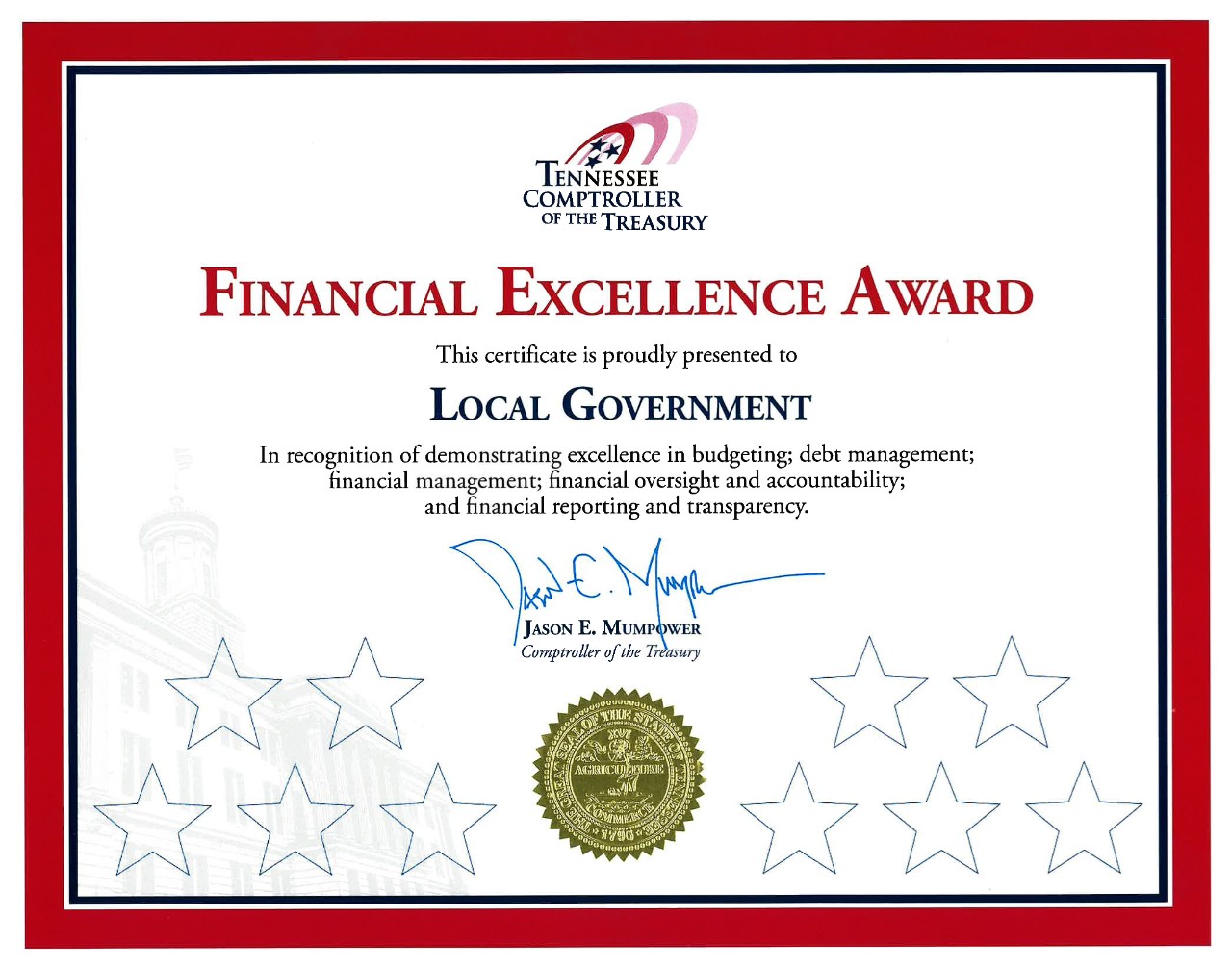 Financial Excellence Award Certificate
