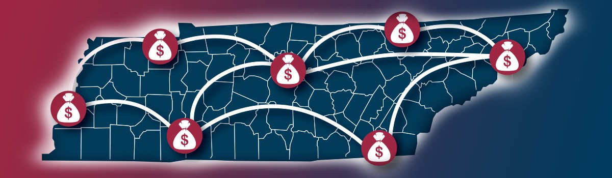 This image is decorative. It shows a map of Tennessee with Money Bag icons in the foreground.