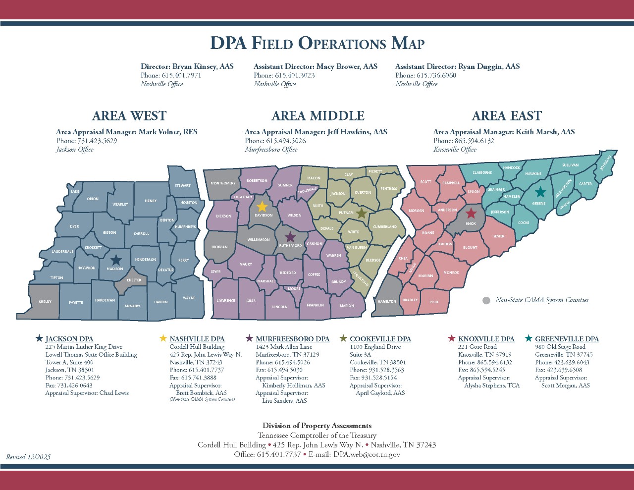 Image of Tennessee counties with Division of Property Assessment office locations and contact information.