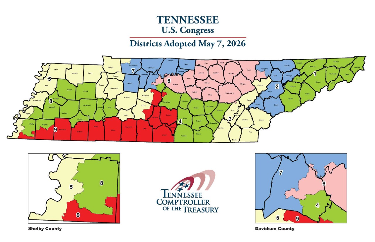 Map of Tennnessee showing showing all nine Congressional districts.