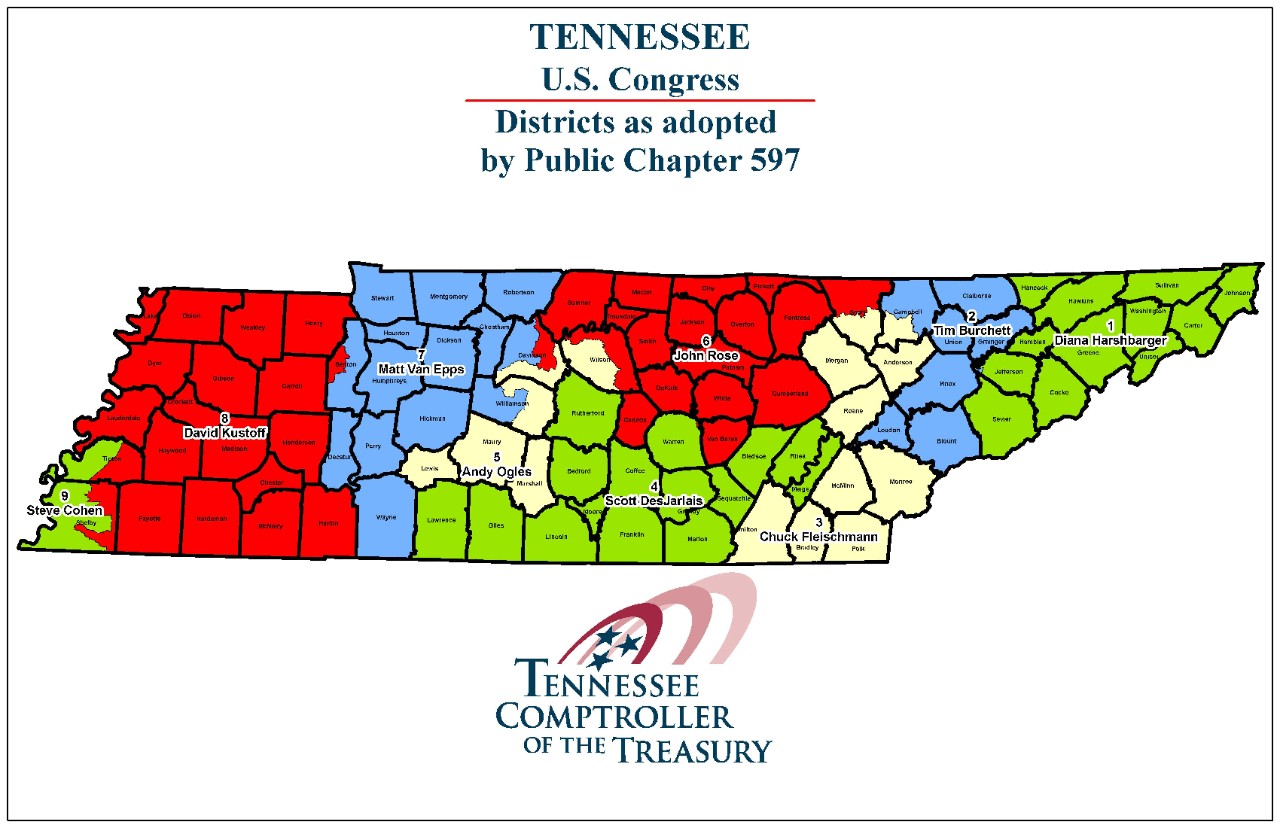 Map of Tennnessee showing showing all nine Congressional districts.