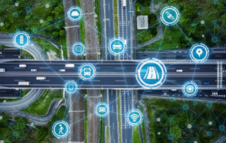 Vehicles traveling on interstate roadways.